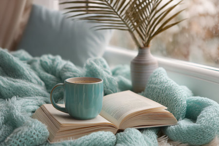 Cup of coffee and book on windowsill. Cozy home interiorの素材