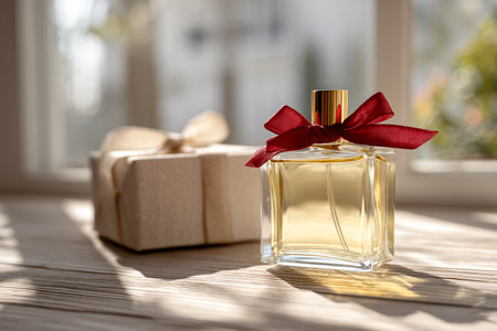 Perfume bottle with red bow and gift boxes on wooden tableの素材