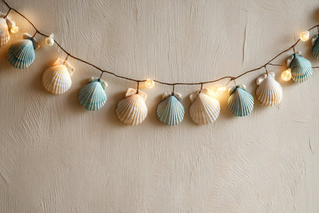 Christmas and New Year garland lights on a white wall background with copy space.の素材