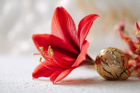 Red lily and golden christmas ball on white background with copy spaceの素材