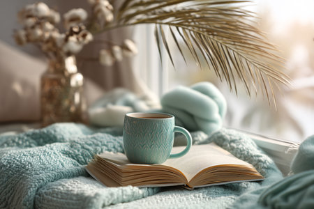 Cup of coffee and book on window sill at home, closeupの素材