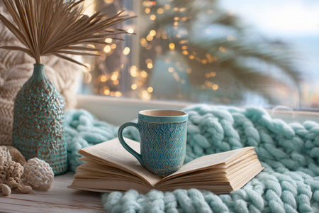 Cup of coffee, book and knitted blanket on windowsillの素材