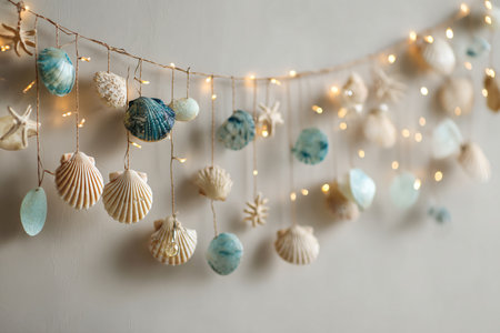 Decorated seashells hanging on light wall, closeupの素材