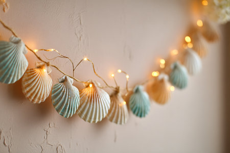 Christmas garland hanging on white wall, closeup. Festive decorの素材