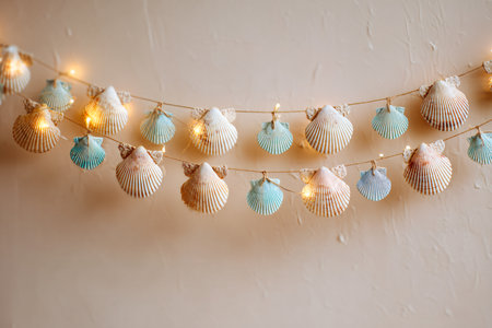 Christmas garland with light bulbs hanging on the wall. Merry Christmas and Happy New Yearの素材