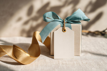 Blank gift tag with blue ribbon and bow on white table.の素材