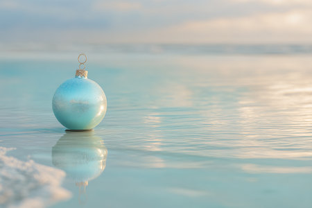 Blue christmas ball on a white sand beach with sea and sky backgroundの素材