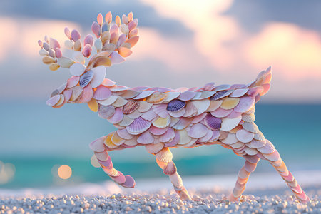 Paper reindeer made of seashells on the beach.の素材