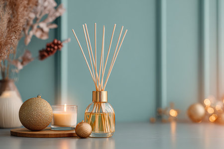 Aromatic reed air freshener sticks on table in roomの素材