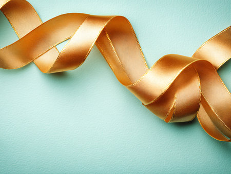 Golden satin ribbon on blue background. Shallow dof.の素材