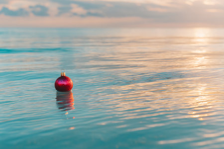 Red christmas ball on the sea. Christmas or New Year backgroundの素材