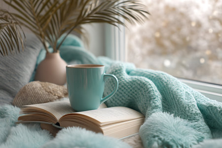 Cup of coffee and book on windowsill. Cozy home interiorの素材