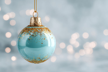 Blue christmas ball on bokeh background, 3d renderの素材