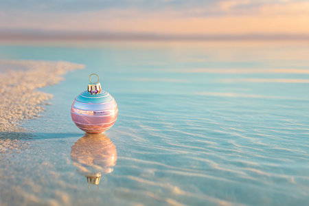 christmas ornaments on the beach with sea and sky backgroundの素材