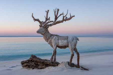 Reindeer statue on the beach at sunset in winter season.の素材
