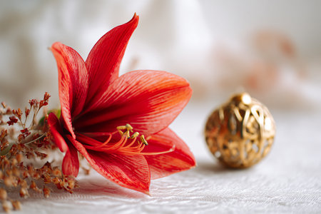 Beautiful red lily and golden christmas ball on white backgroundの素材