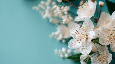 White flowers of jasmine on a blue background. Place for text.の素材