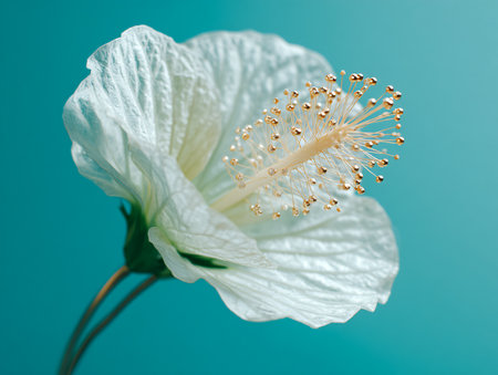 White hibiscus flower on turquoise background. Shallow dof.の素材