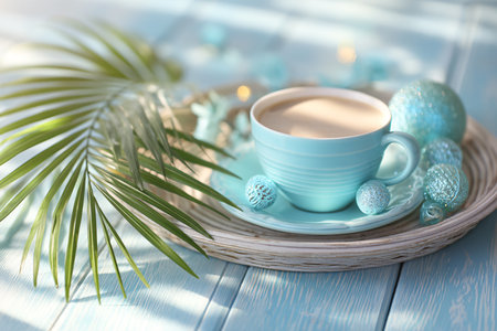 Cup of coffee and Christmas decorations on light blue wooden table, closeupの素材