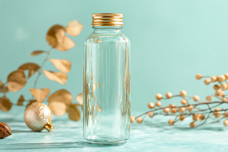 Mockup of glass bottle with christmas decoration on blue backgroundの素材