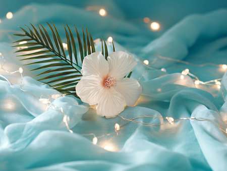 White hibiscus flower on turquoise fabric with garland lightsの素材