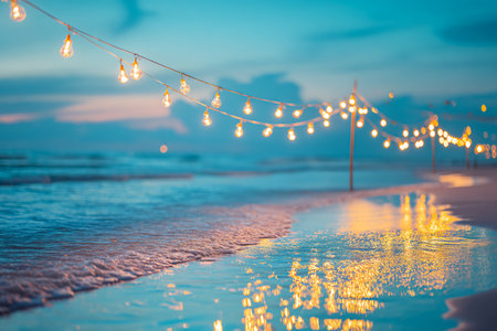 Christmas lights on the beach at sunset time. Vintage filter effect.の素材