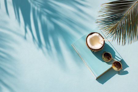 Summer composition. Sunglasses, coconut on blue background. Flat lay, top view, copy spaceの素材