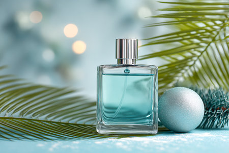 Perfume bottle with Christmas decorations on light blue table, closeupの素材