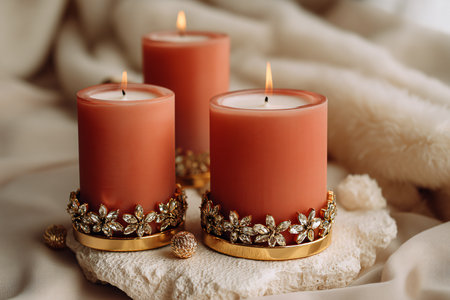 Beautiful burning candles on soft fabric background, closeup. Space for textの素材