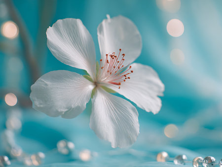 White cherry blossom on blue background with pearls and bokehの素材