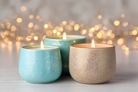 Burning candles on table against blurred festive lights, space for textの素材