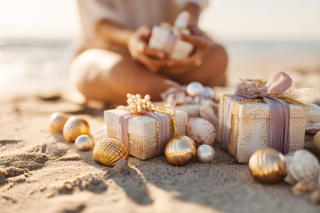 cropped shot of woman with gift boxes and seashells on sandy beachの素材