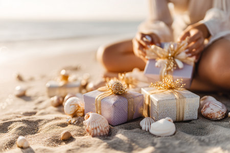 cropped shot of woman with gift boxes and seashells on sandy beachの素材