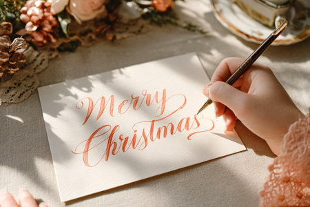 Merry Christmas greeting card. Female hand writing Merry Christmas letter.の素材