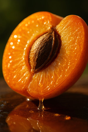 Fresh ripe apricots with water drops on a wooden surface.の素材