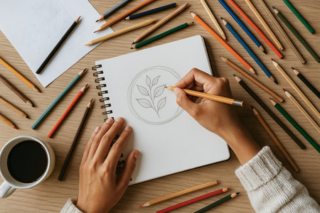 cropped shot of woman drawing in notebook with pencils on tableの素材