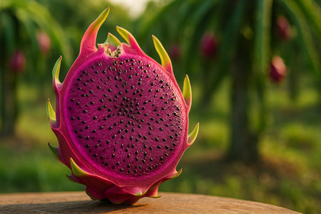 Dragon fruit on wooden table with nature background. Close up of pitaya.の素材