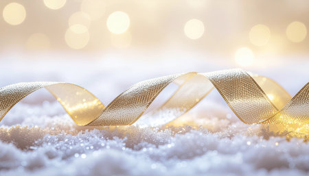 Golden ribbon in snow with bokeh background. Christmas and New Year concept.の素材