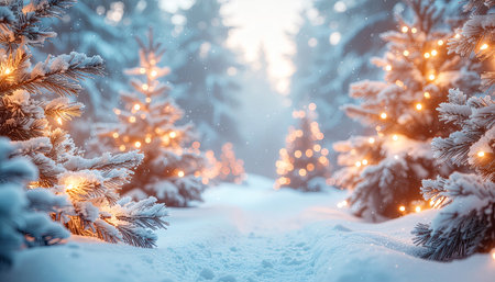 Winter forest with snow covered trees and fairy lights. Christmas background.の素材