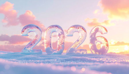 Happy New Year 2016. Snowy winter landscape. 3d renderの素材