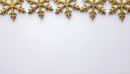 Christmas background with golden snowflakes on white background. Top view with copy spaceの素材