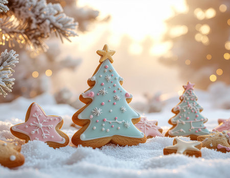 Christmas gingerbread cookies in the snow against the background of a Christmas treeの素材