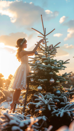 Beautiful girl in white dress and hat decorating christmas tree at sunsetの素材