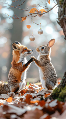 Cute little foxes playing with a ball in the autumn forestの素材