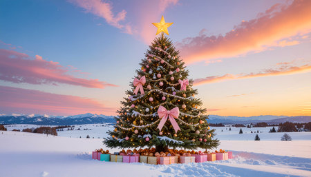 Christmas tree with gifts in the mountains. Beautiful winter landscape at sunset.の素材