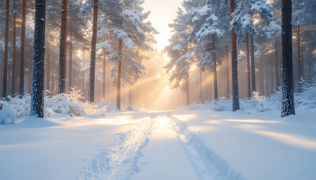 Beautiful winter landscape with snow covered trees and sunbeams.の素材