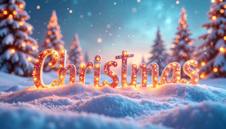 Christmas greeting card. Merry Christmas lettering on the background of winter forest. 3D illustration.の素材