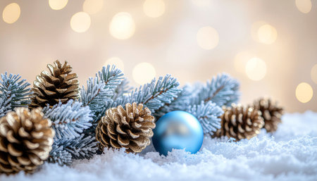 Christmas decoration with fir tree and blue ball on snow with bokeh backgroundの素材