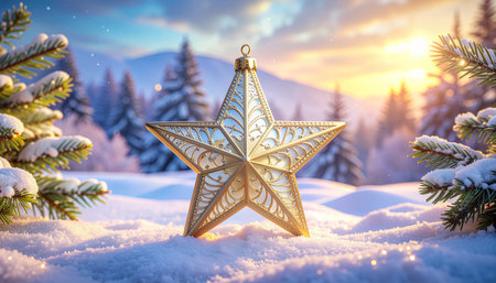 Christmas star in the snow against the background of a snowy mountain landscapeの素材