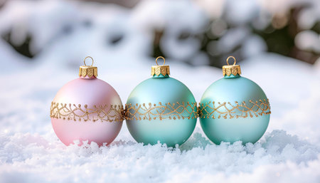 Blue and pink christmas baubles on snow in winter forestの素材